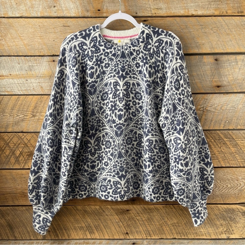 Boden Blouson Sleeve Fluffy Wool Alpaca Blend Sweater Blue Floral Print Sz 14 - Picture 12 of 13